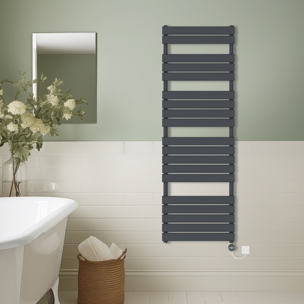 (Anthracite, 1800x600mm) Prefilled Thermostatic Electric Flat Panel Heated Towel Rail Ladder Warmer Radiator