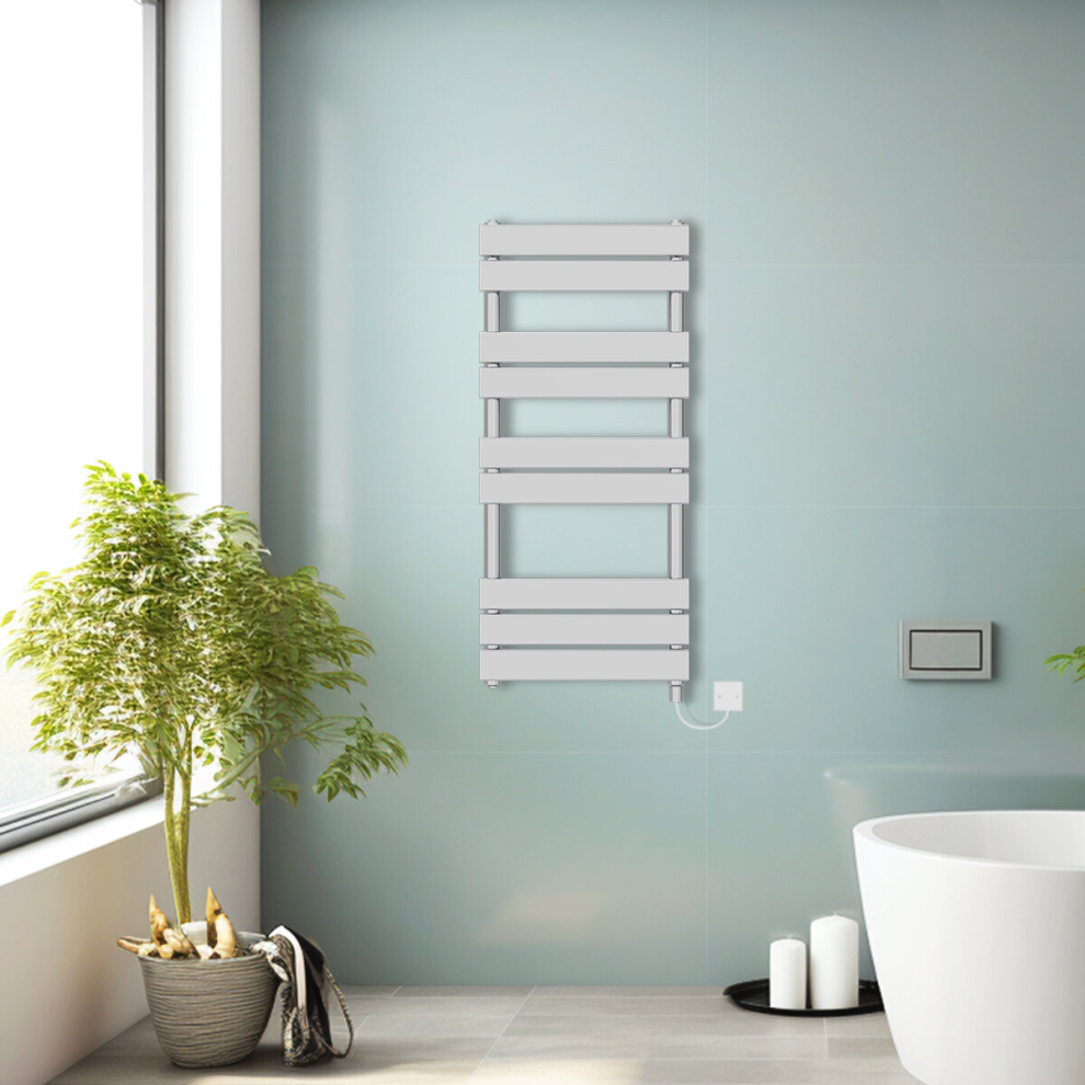 (Chrome, 1000x450mm) Prefilled Electric Heated Towel Rail Radiator Flat Panel Warmer Ladder