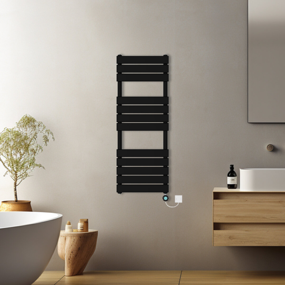 (Black, 1200x450mm) Prefilled Electric Flat Panel Heated Towel Rail Radiator Thermostatic WIFI