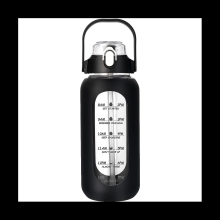 64oz Glass Water Bottle with Pop-Up Straw Lid - Leakproof, Time Marker, Borosilicate Glass, Silicone Sleeve (Black)