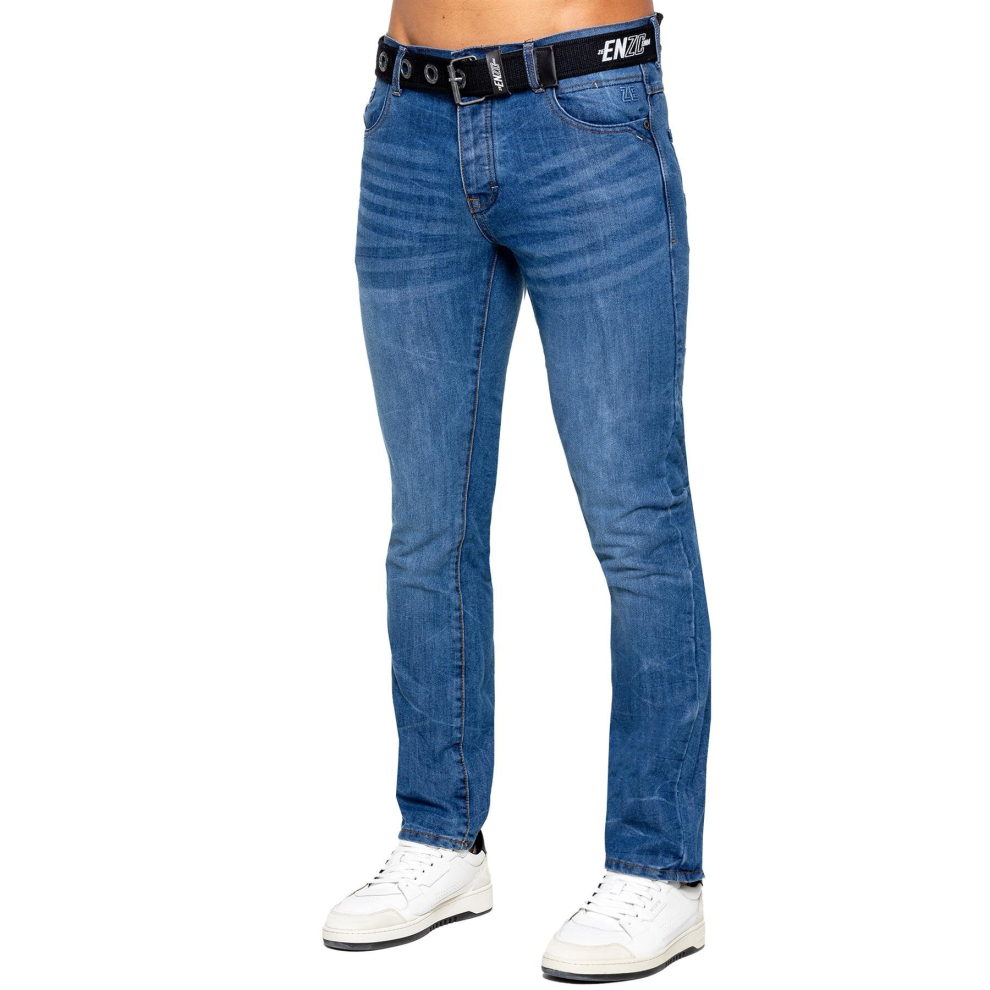 (30W/34L, Blue) Enzo Mens Designer Straight Leg Stretch jeans