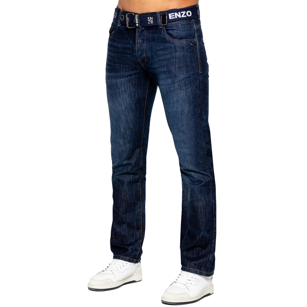 (42W/32L, Dark Blue) Enzo Mens Designer Straight Leg Stretch jeans