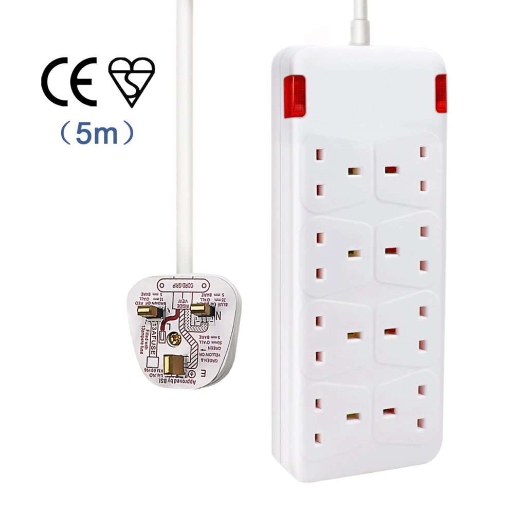 (5M, White) 8 Way Socket with Cable 3G1.25, with Indicate Light,  Child-Resistant Sockets