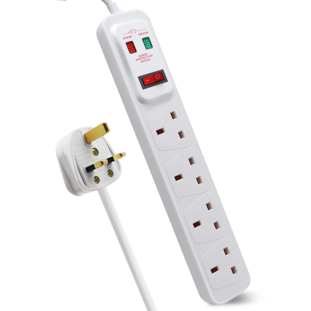 (White, 1M) 4 Way Extension Lead Surge Protecetd with Switched Socket