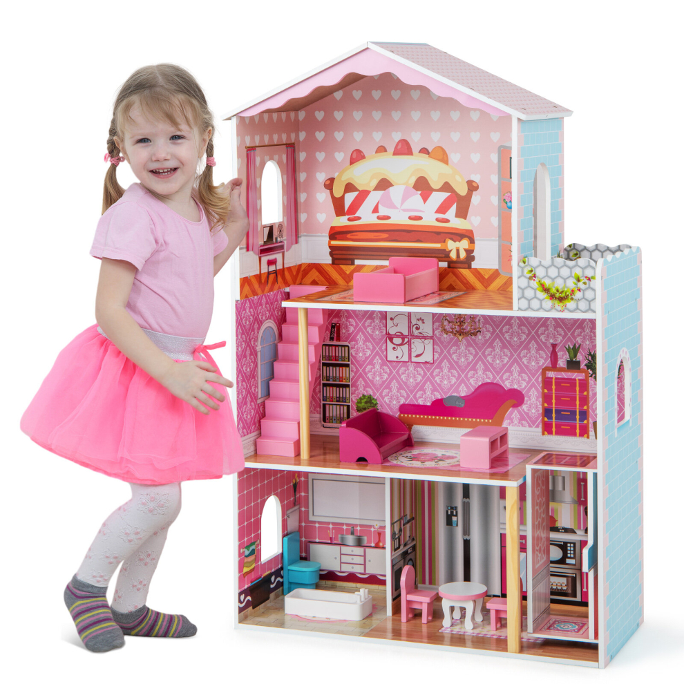 3-Storey Dolls' House Wooden Dollhouse w/ Rooms & Furniture DIY Playhouse