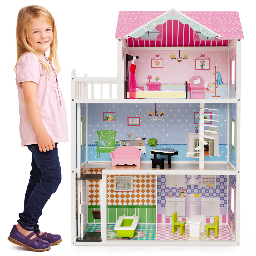 Wooden Dolls' House 3 Storey with Furniture & Windows Playhouse Toy