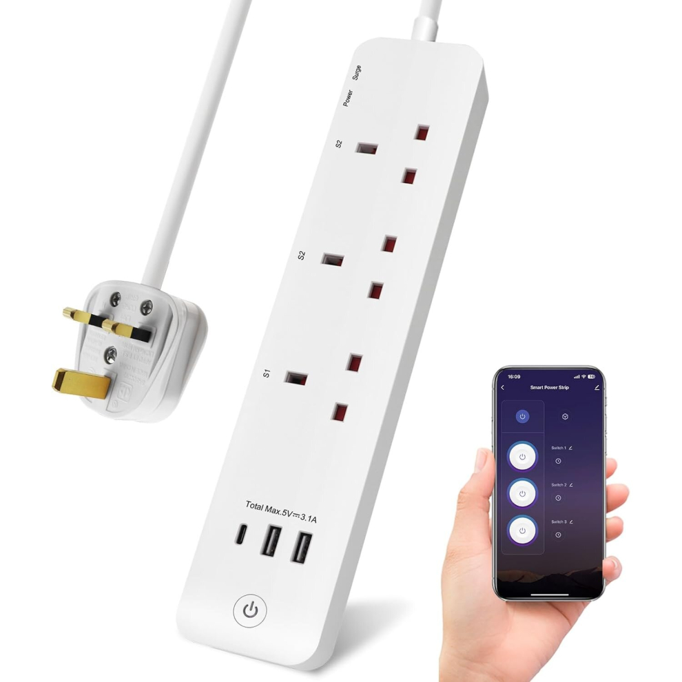 3 Gang Smart Extension lead, with 1.4m Cable, with 2 USB-A and 1 USB-C