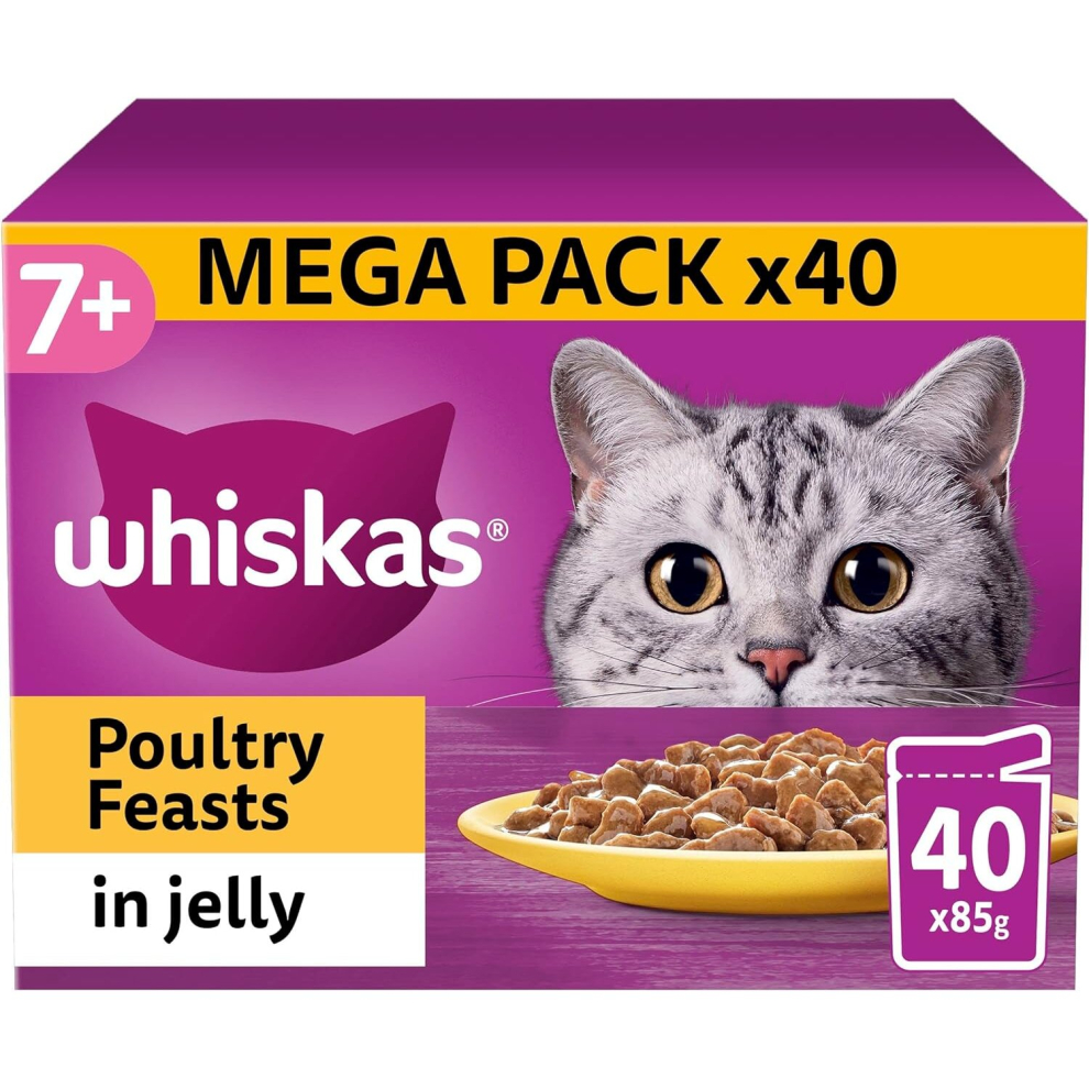 Whiskas 7+ Senior Cat Food Poultry Selection in Jelly, 85 g (Pack of 40)