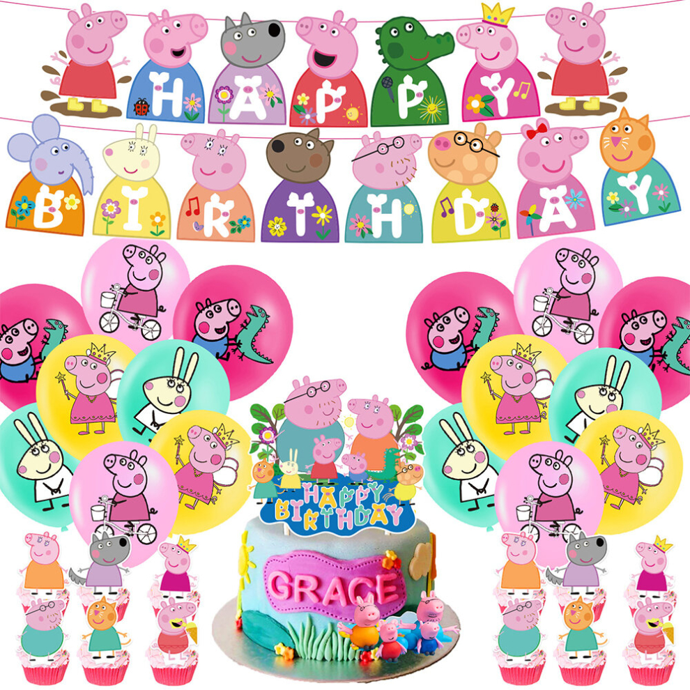 30pcs Peppa Pig Birthday Party Supplies include Banner Cake Topper Balloon