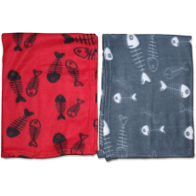 (HT8103 Pack of 2 Grey & Red Blankets) Soft Fleece Fish Print Kitty Kittens Cat Blankets