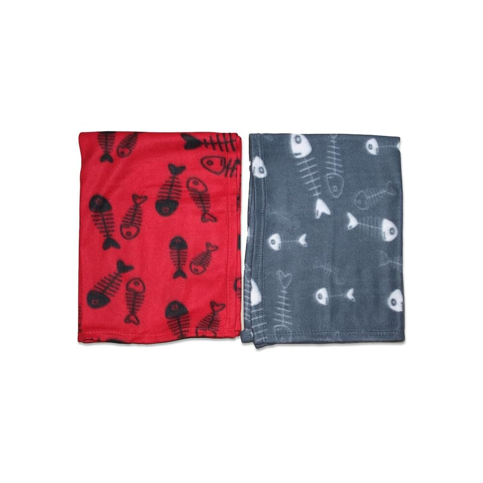 (HT8103 Pack of 2 Grey & Red Blankets) Soft Fleece Fish Print Kitty Kittens Cat Blankets