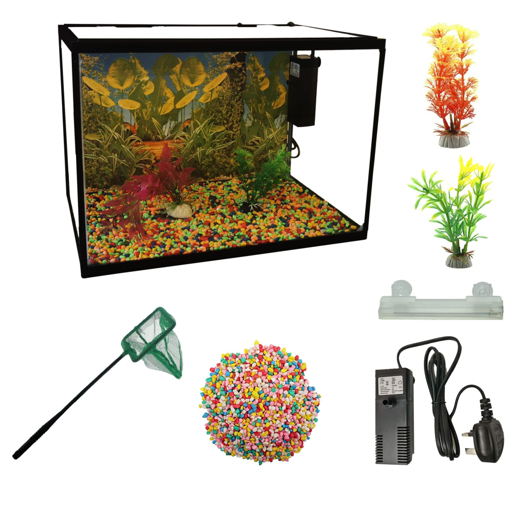 26L Glass Aquarium Fish Tank Starter Kit Set Air Filter Pump LED Light