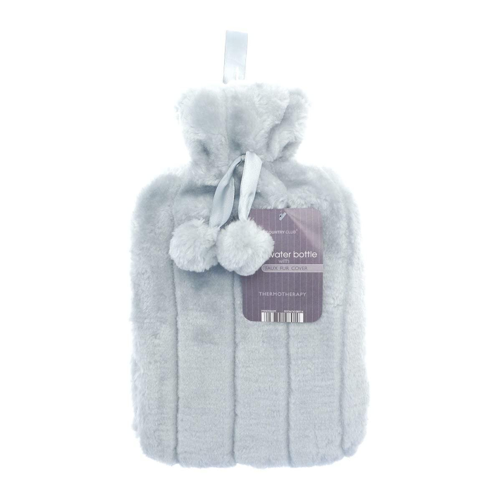 Country Club Cosy Faux Fur Pompom 2L Hot Water Bottle: Ash