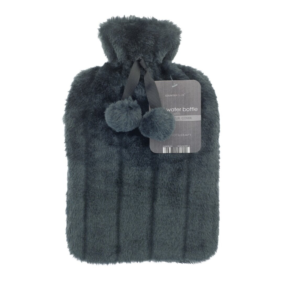 Country Club Black Cosy Faux Fur Pompom 2L Hot Water Bottle: Jet