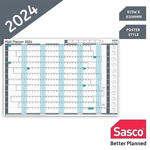 Sasco 2024 Value Yearly Wall Planner Set, Paper Whiteboard Style Dry