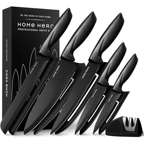 Home Hero Ultra-Sharp Stainless Steel Kitchen Knife Set - Chef Knives Set (5 pcs Set - Black with Sheath)