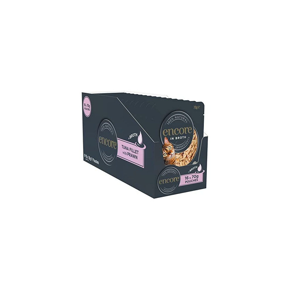 Encore 100% Natural Wet Cat Food Tuna Fillet with Prawn in Broth (Pack of 16 x 70g Pouches)