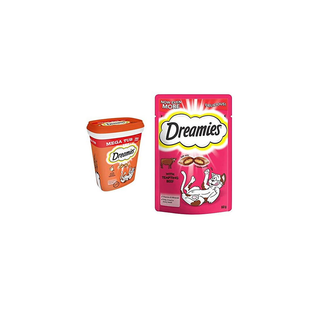 Dreamies Cat Treats Chicken 350g (pack of 2) & Cat Treats, Tasty Snacks with tempting beef, 8 pouches of 60 g