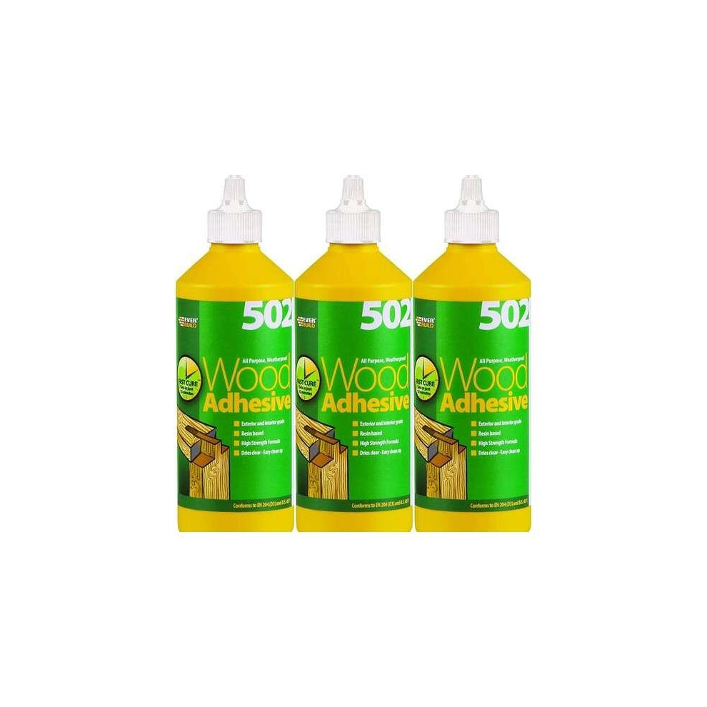 Everbuild 502 All Purpose Weatherproof Wood Adhesive Bottle 500 ml  WOOD05 (Pack of 3)