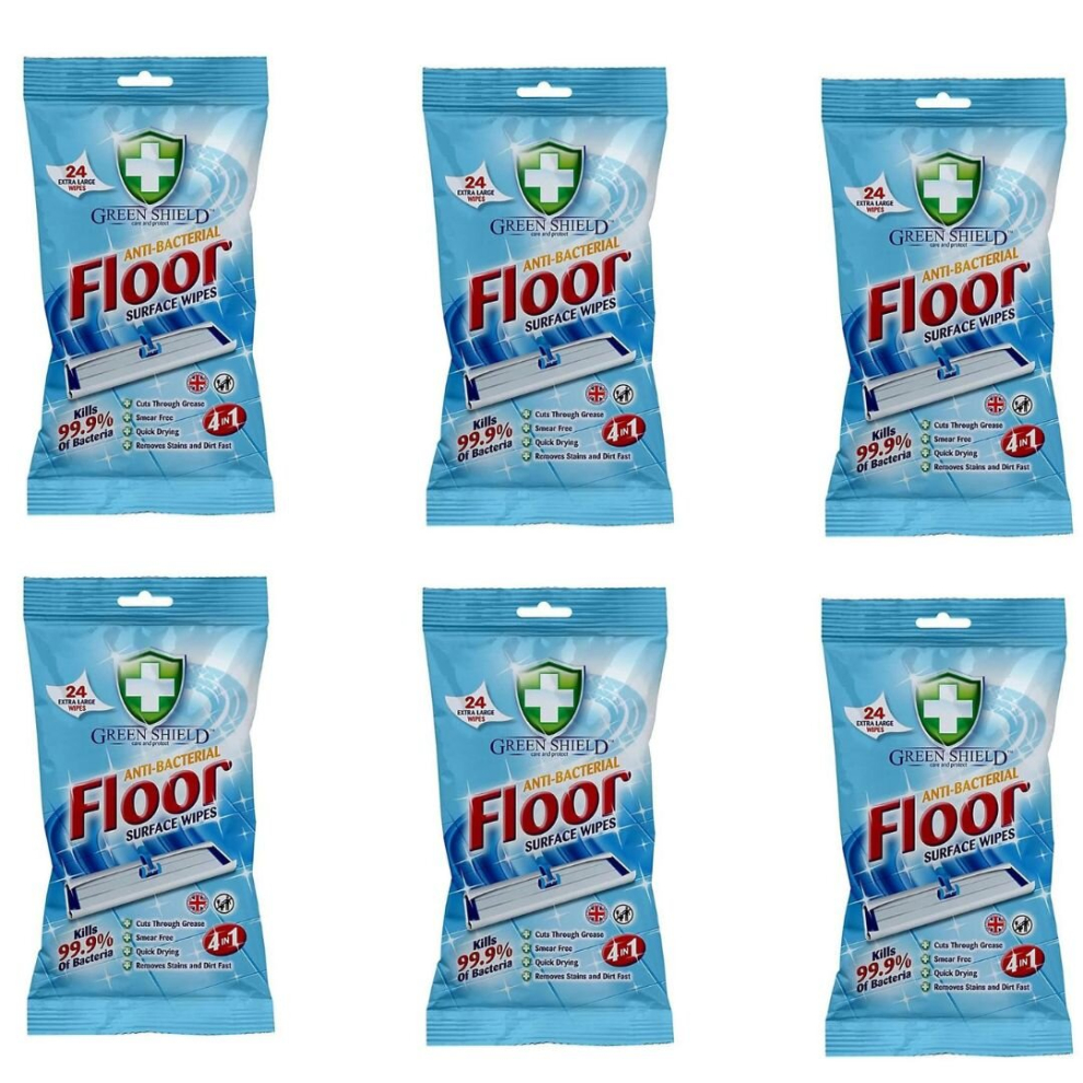 GREENSHIELD ANTIBAC Floor Surface Wipes Packs of 24 Extra Large Wipes (Pack of 6)