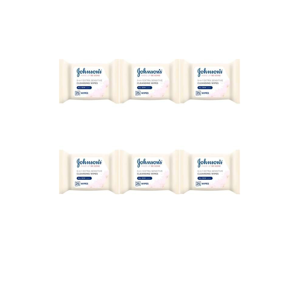 Johnson's Makeup Be Gone Extra-Sensitive Wipes, Pack of 25 (Pack of 6)