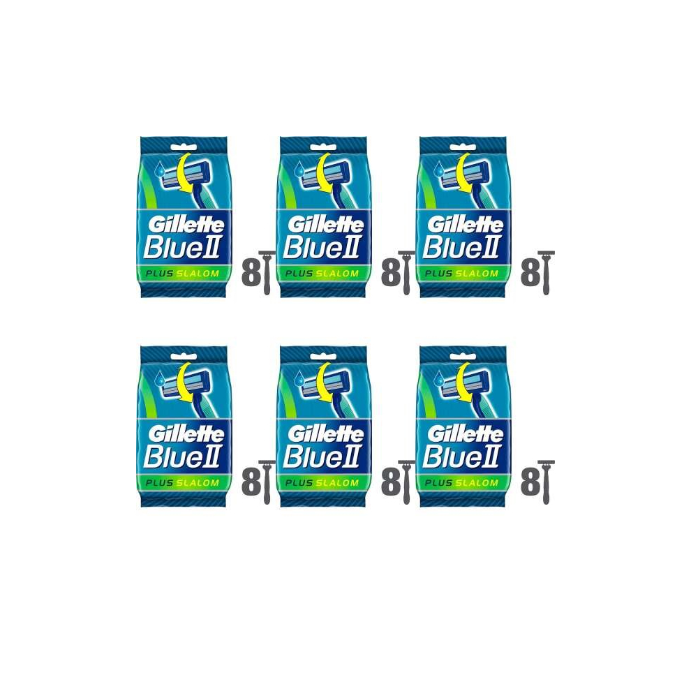 Gillette Blue II Plus Slalom Men's Disposable Razors â 8 Razors per Pack (Pack of 6), Aloe Lubrastrip, Soft Ultragrip & Pivoting Head-image-OPC-PDB9ZGD-NEW