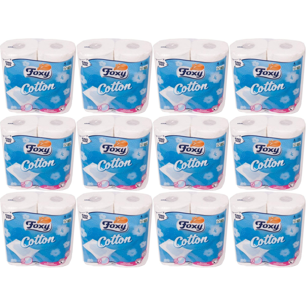 Foxy Cotton Luxury 5Ply Thick Toilet Paper, 4 Rolls Per Pack (Pack Of 12)