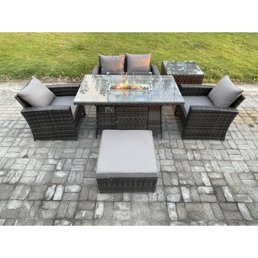 Fimous Dark/Grey 5 Seater?Outdoor Rattan Sofa Set Garden Furniture Gas Fire Pit Dining Table Heater With Big Footstool Side Table Mixed - Image 2