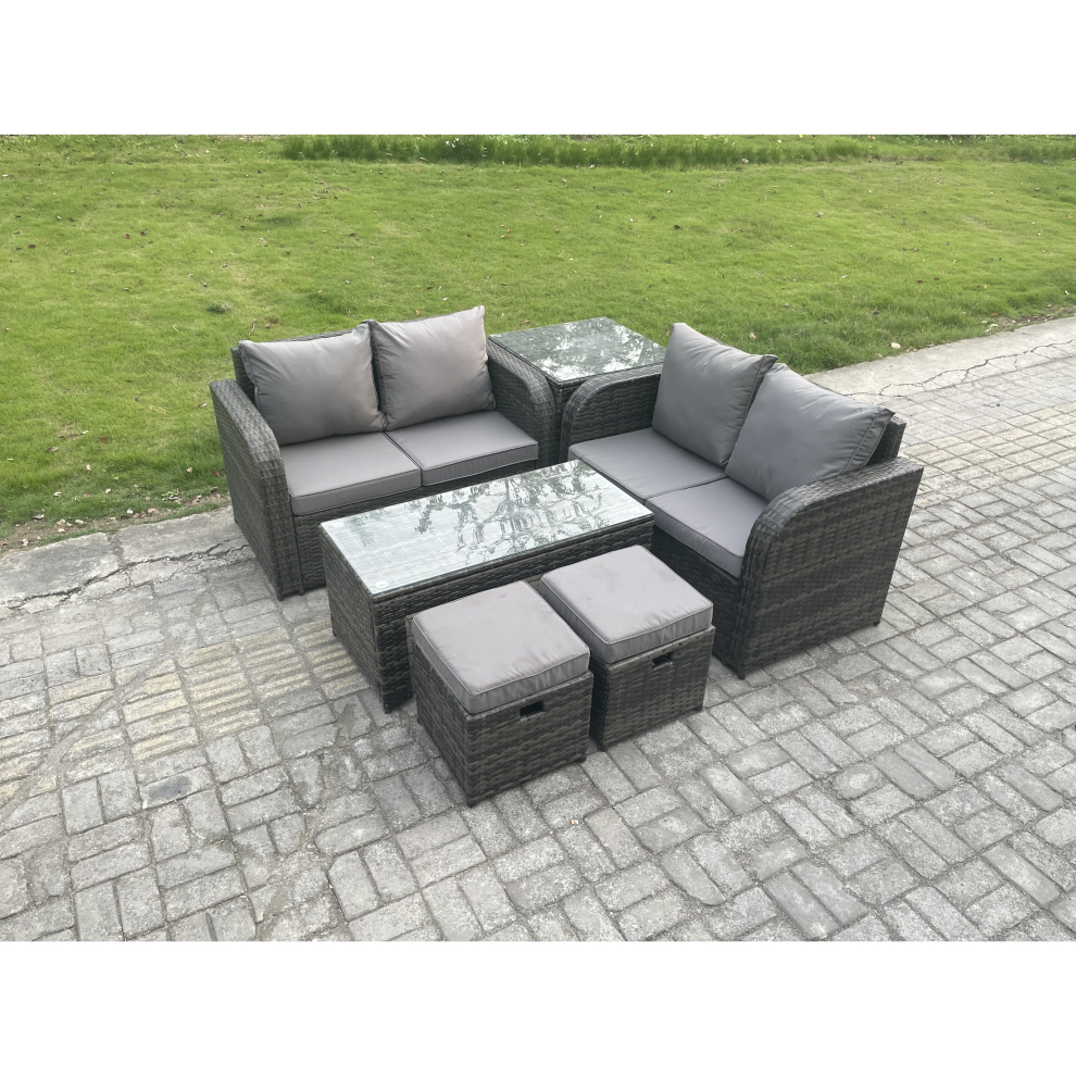 Fimous High Back Rattan Garden Furniture Set with Loveseat Sofa Coffee Table 2 Small Footstool