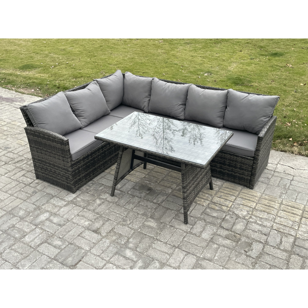 Fimous Wicker Rattan Garden Furniture Corner Sofa Set With Oblong Dining Table 6 Seater Outdoor Rattan Set