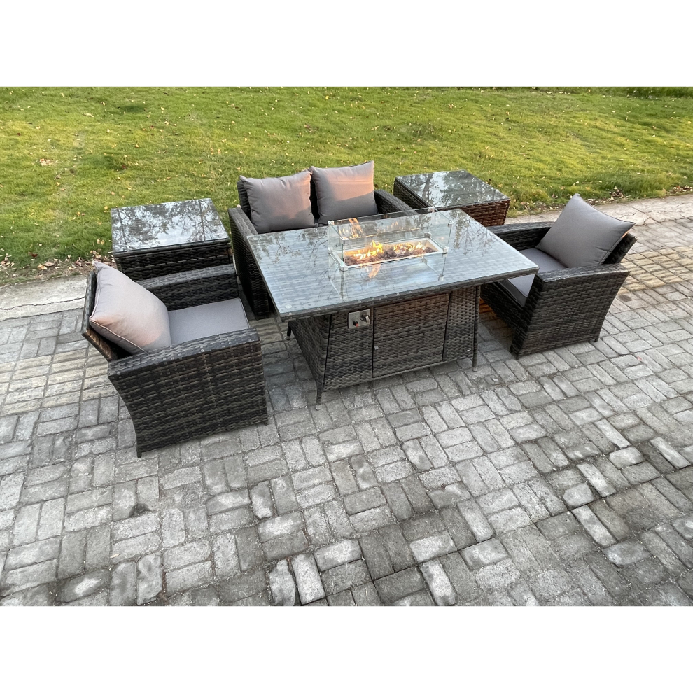 Fimous Unisex Dark Grey Outdoor Rattan Sofa Set Garden Furniture Gas Firepit Dining Table Heater With Side Tables In Size 2 - Image 2