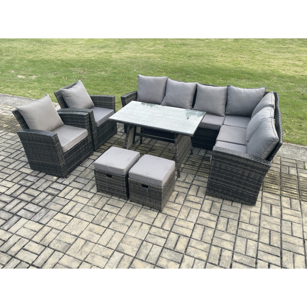 Fimous High Back Outdoor Garden Furniture Set Rattan Corner Sofa Dining Table Set With Armchairs Footstool Grey
