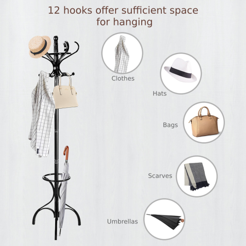 Casart Free Standing Hat Coat Rack 12 Hooks Hanger Umbrella Stand Hall Tree 2