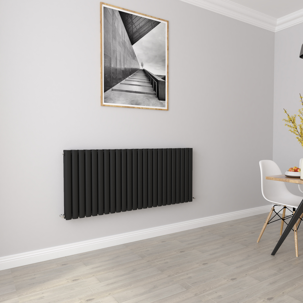 (Double 600x1416mm, Black) Designer Oval Column Radiator Central Heating