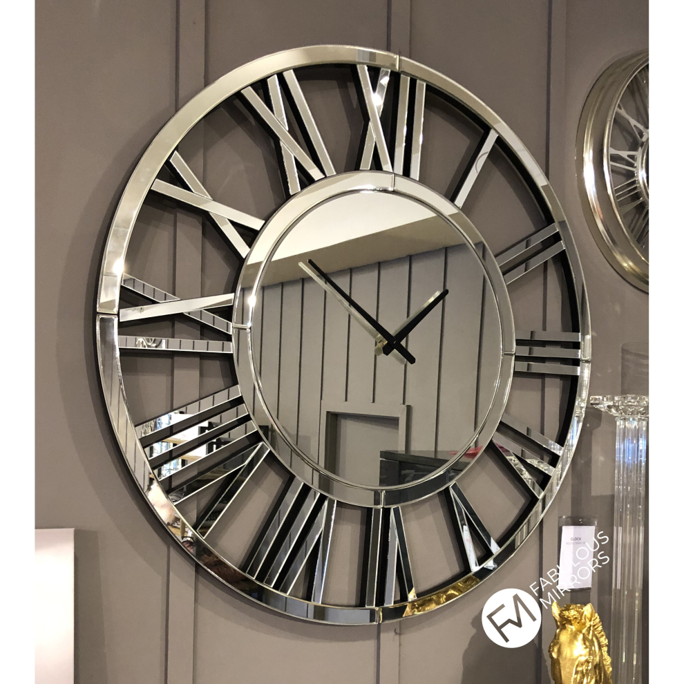 (60cm) Fabulous Mirrors - Stunning Large Round Mirror Clock - Roman Numeral Design - Skeleton Clock -PREMIUM QUALITY