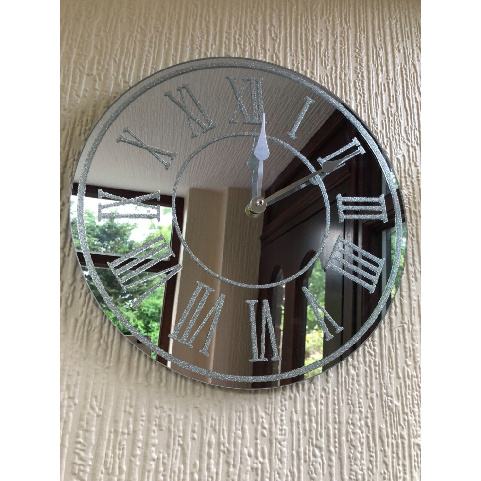 Round Silver Sparkle Glitter Mirrored Wall Clock Roman Number 35cm