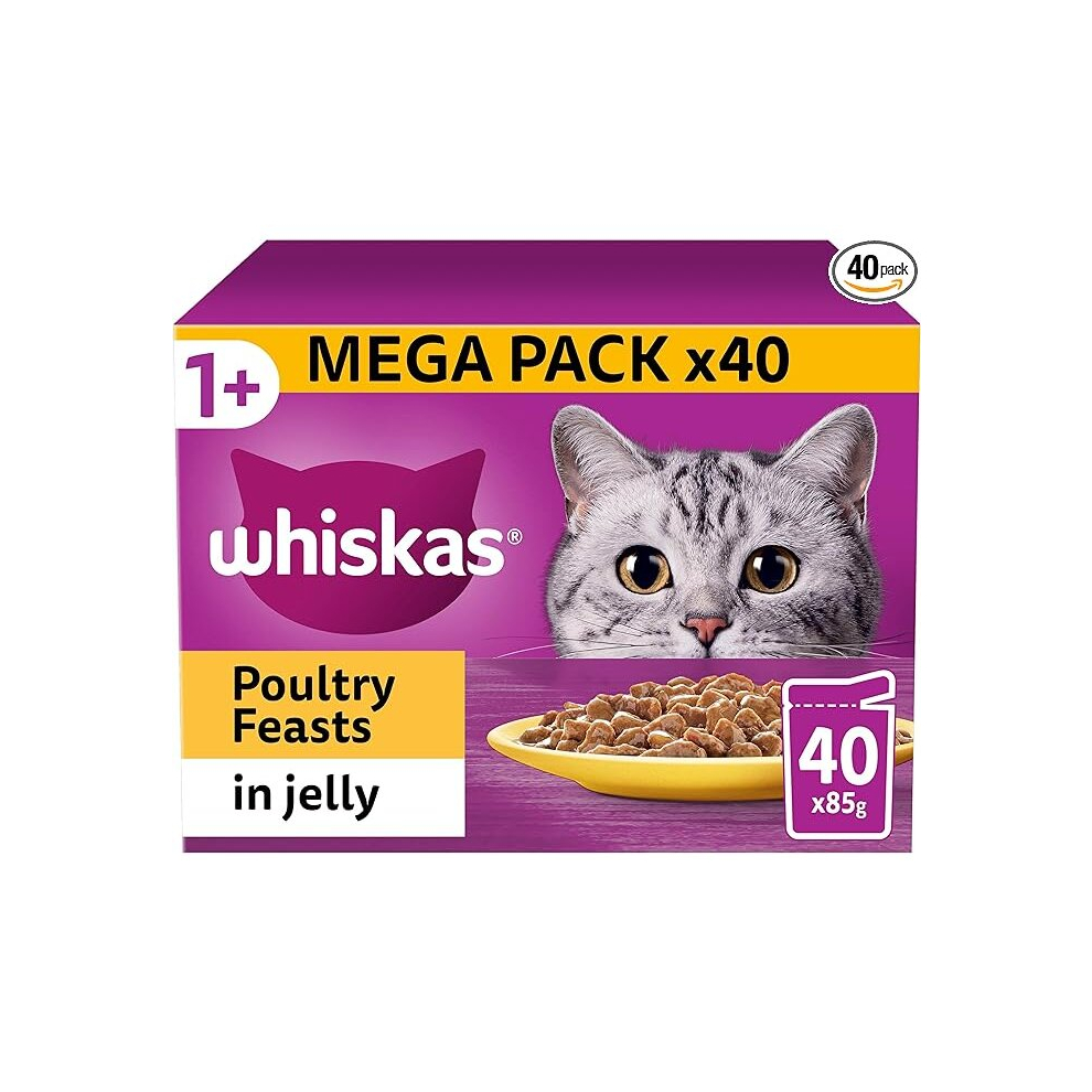 WHISKAS Poultry Selection in Jelly 40 Pouches Adult Wet Cat Food Megapack (40 x 85 g) 1+ Adult