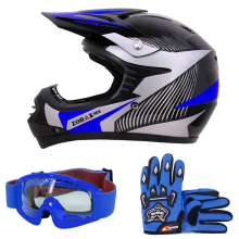 (Blue, XL) ZORAX X19 Kids Motocross MX Helmet Motorbike Gloves Goggles