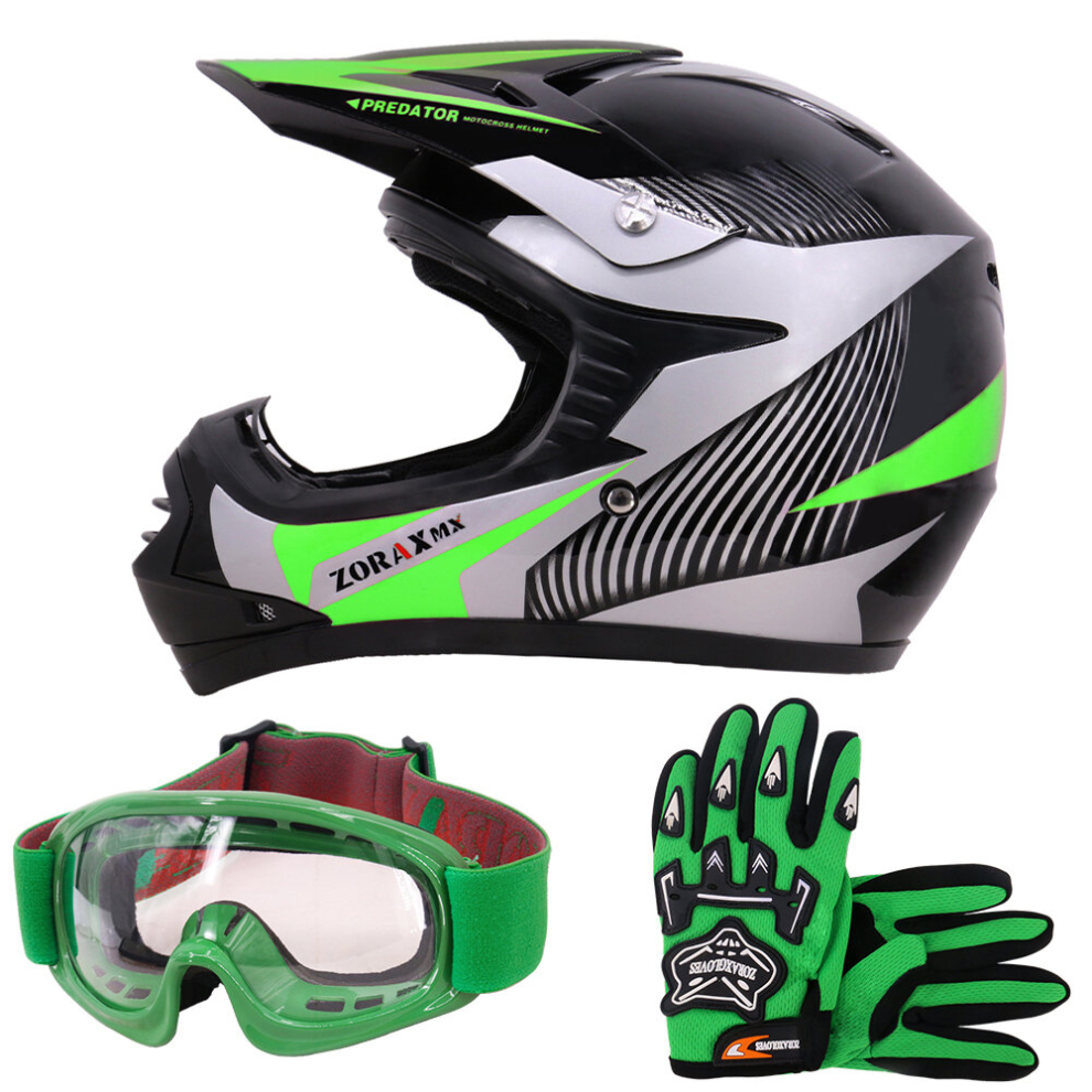 (Green, M) ZORAX X19 Kids Motocross MX Helmet Motorbike Gloves Goggles