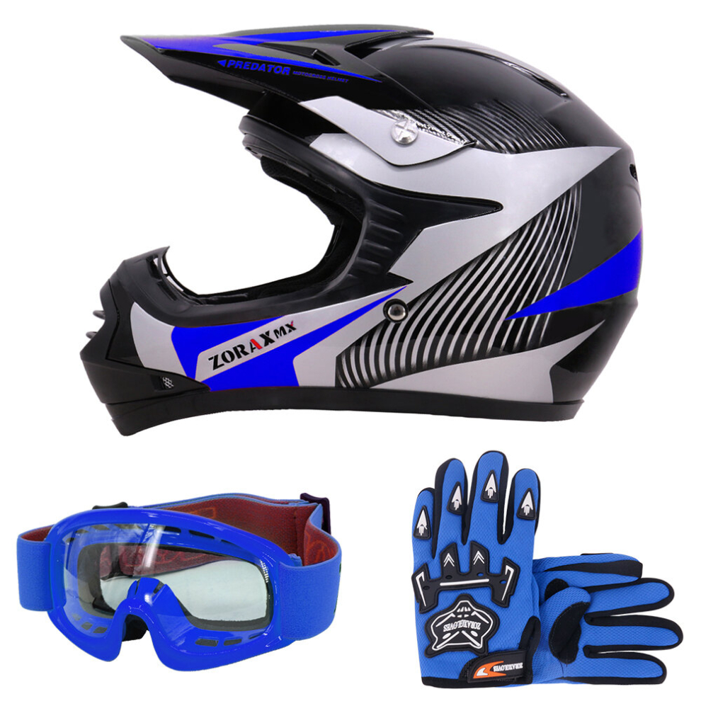 (Blue, L) ZORAX X19 Kids Motocross MX Helmet Motorbike Gloves Goggles