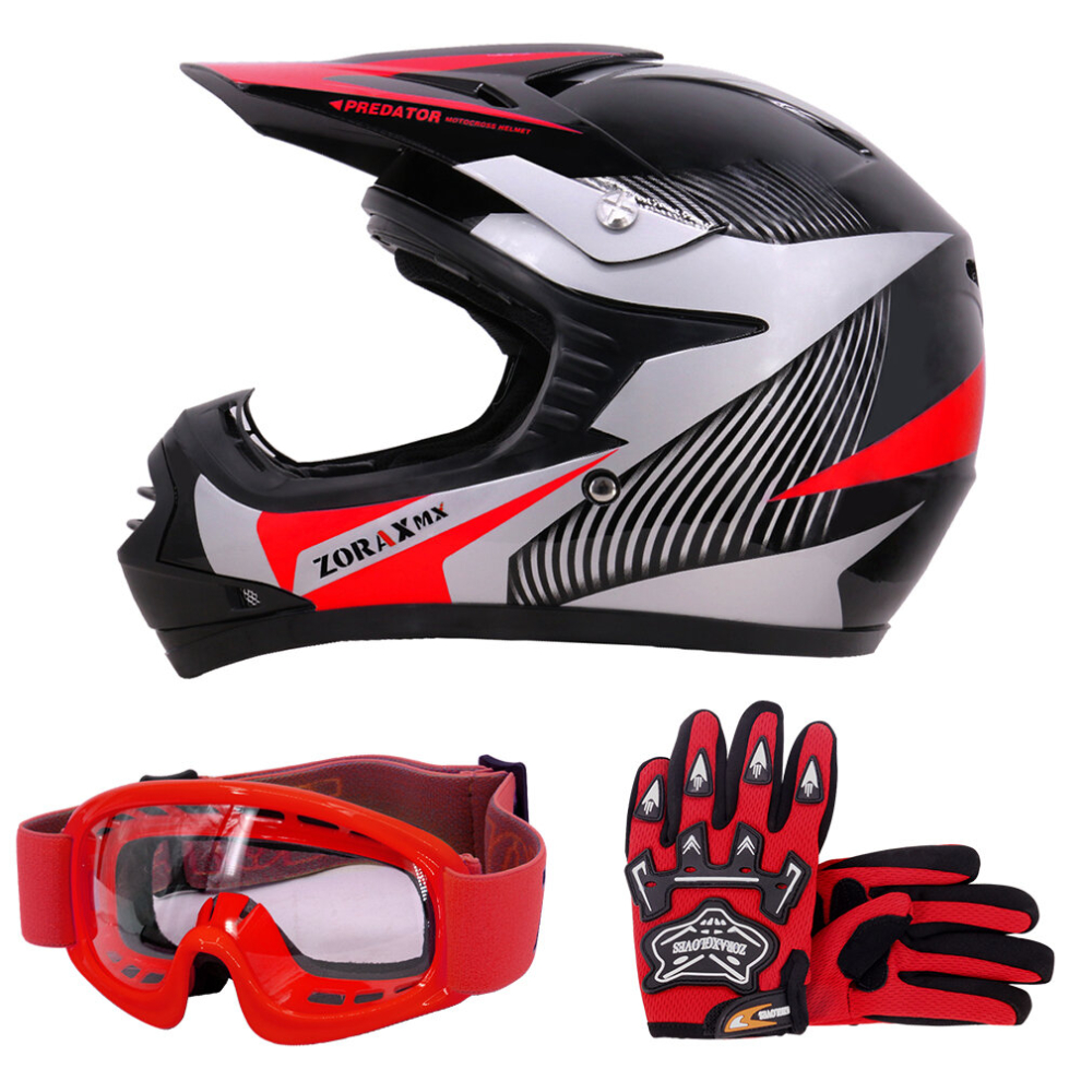(Red, S) ZORAX X19 Kids Motocross MX Helmet Motorbike Gloves Goggles