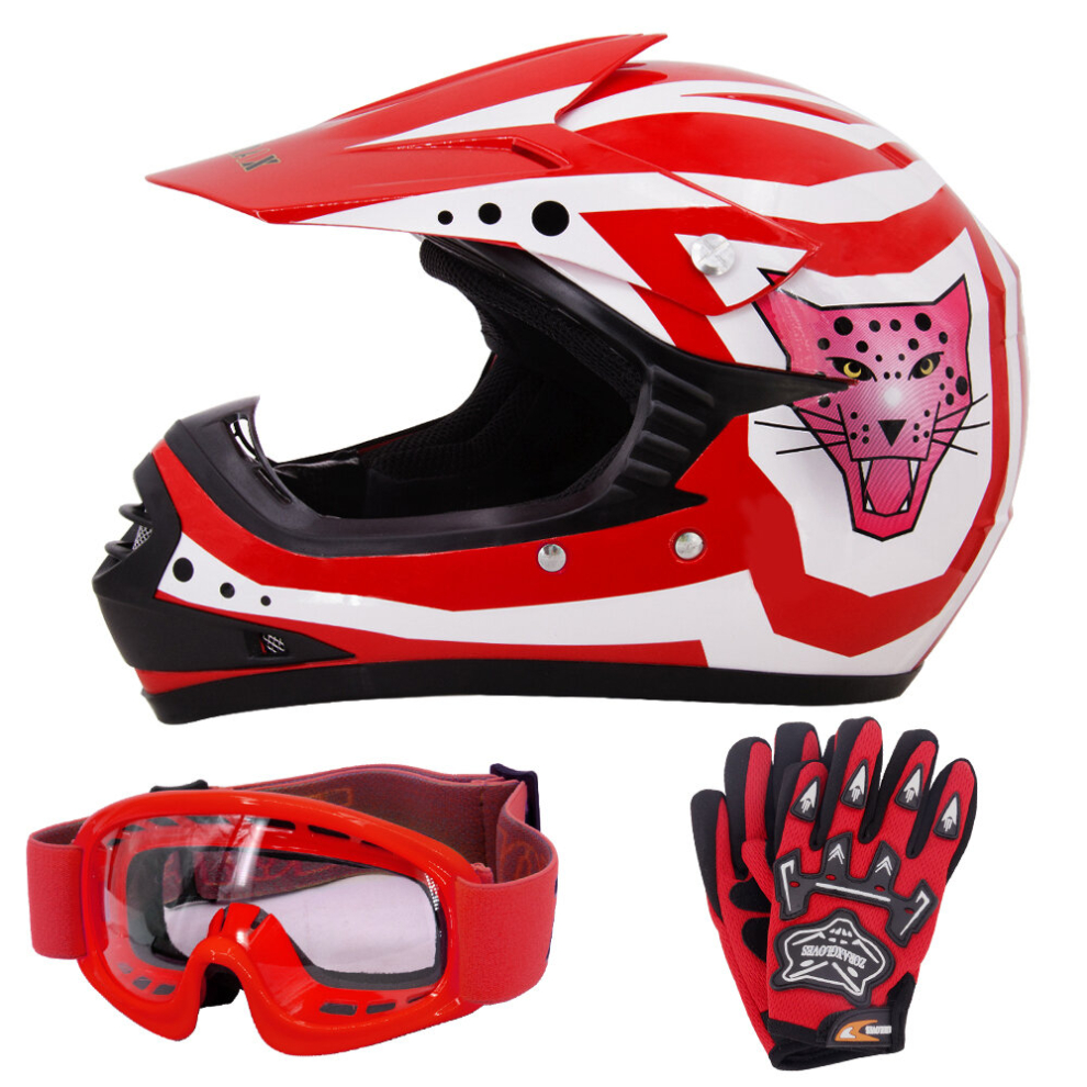 (Red, S) ZORAX X17 Kids Motocross MX Helmet Motorbike Gloves Goggles