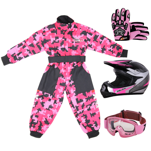 (Pink, S) ZORAX X19 Kids Motocross MX Helmet Motorbike Camo Suit Karting Gloves Goggles