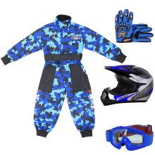(Blue, XS) ZORAX X19 Kids Motocross MX Helmet Motorbike Camo Suit Karting Gloves Goggles