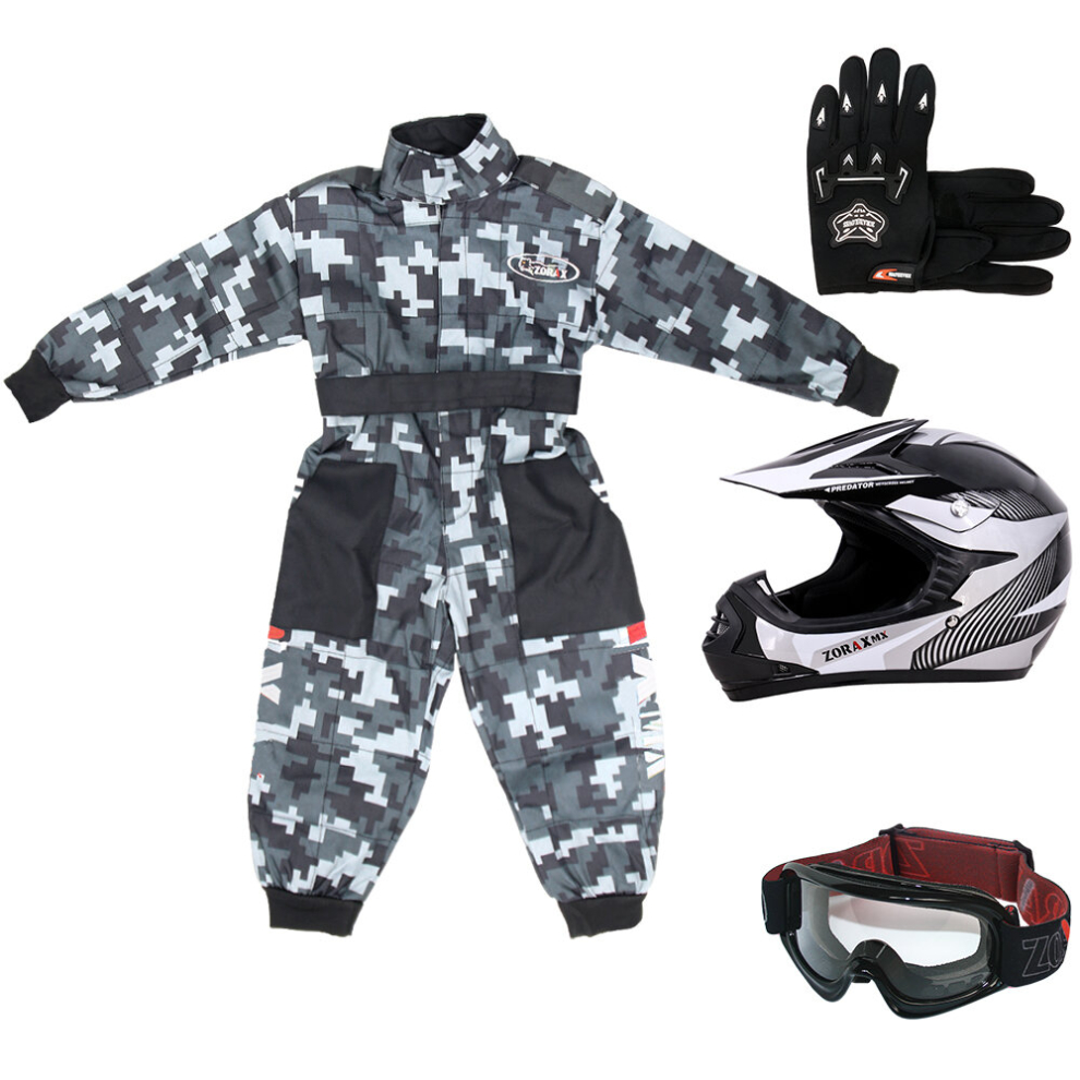 (White, L) ZORAX X19 Kids Motocross MX Helmet Motorbike Camo Suit Karting Gloves Goggles-image-OPC-PDBK62P-NEW