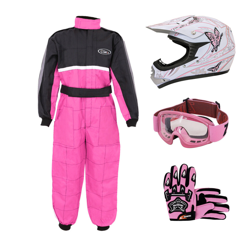 (Pink Butterfly, XL) ZORAX X18 Kids Motocross MX Helmet Motorbike Race Suit Gloves Goggles