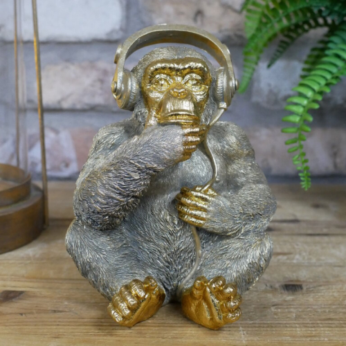 DJ Monkey Ornament with Headphones Brushed Gold Home Decoration Resin