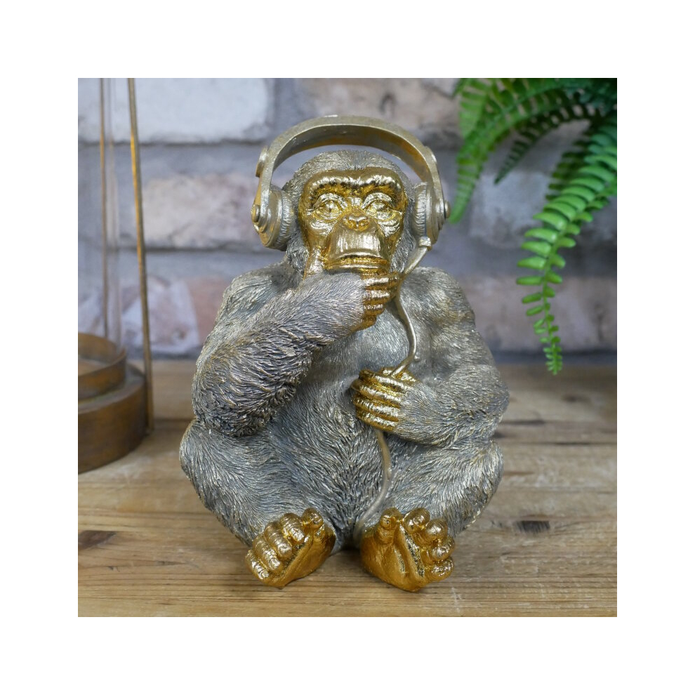 DJ Monkey Ornament with Headphones Brushed Gold Home Decoration Resin