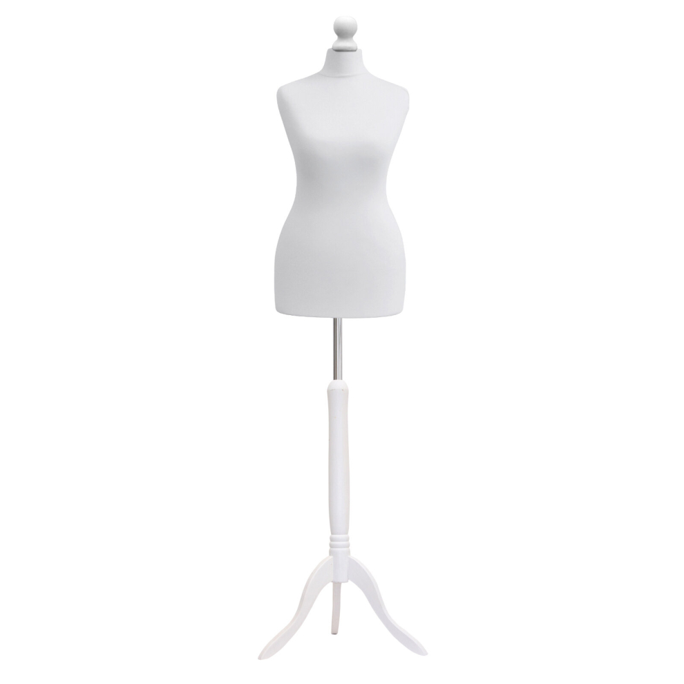 (Female Size 10/12) Female Tailors Dummy White Dressmakers Fashion Students Mannequin Display Bust with A White Wood Tripod Base