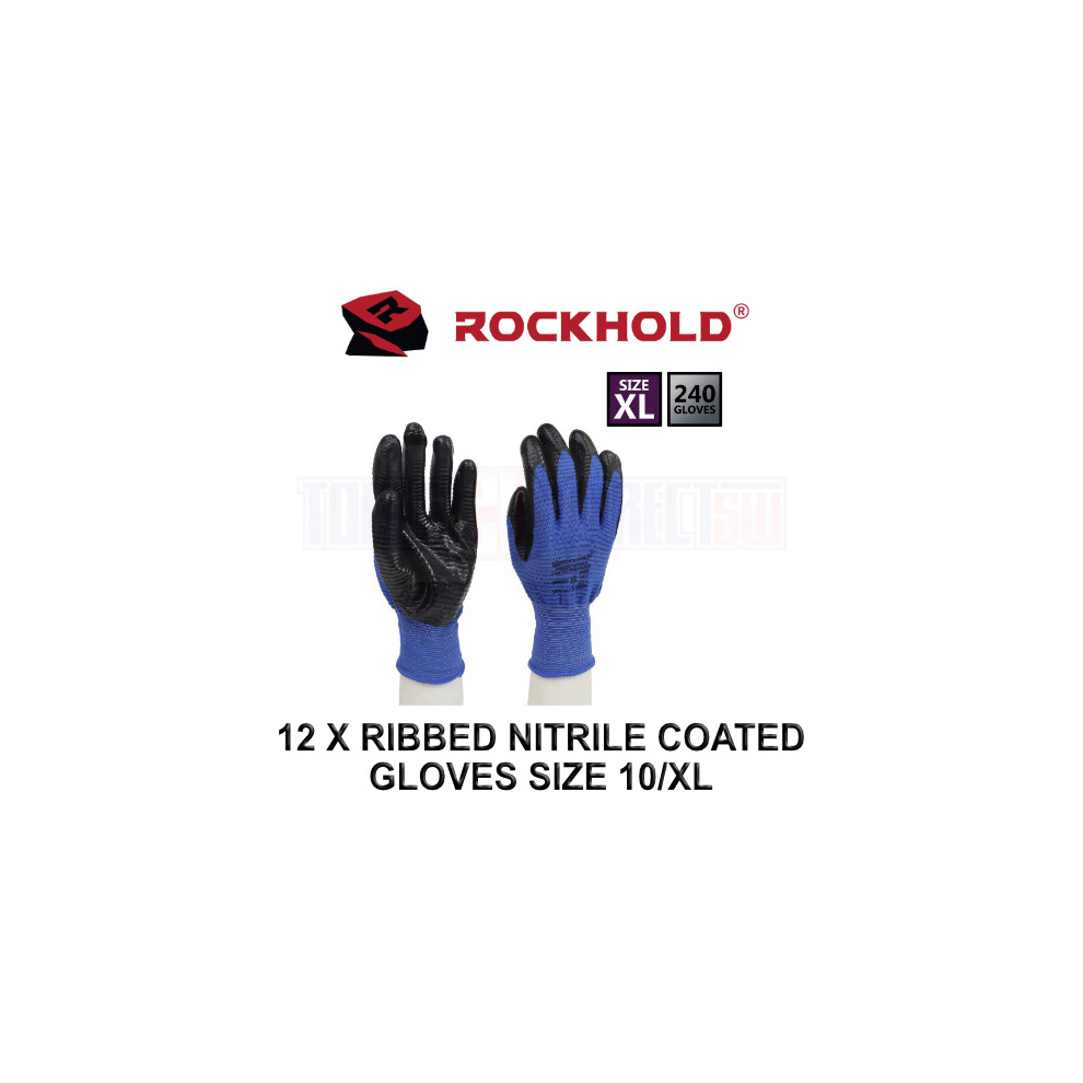 ROCKHOLD 12 Pairs Ribbed Nitrile Coated Gloves Size 10/XL Hard Wearing 90095